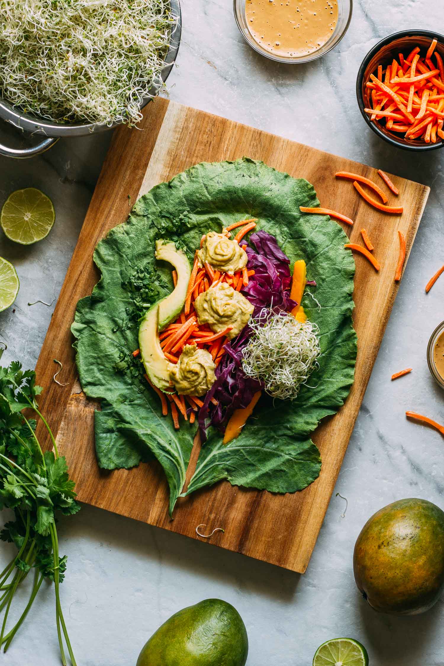 Mango Cashew Collard Wrap #collard #wraps #vegan #vegetarian #avocado #mango #sprouts #greens #recipe #peanut #sauce #thai #wrap #wfpbno #wfpb #raw