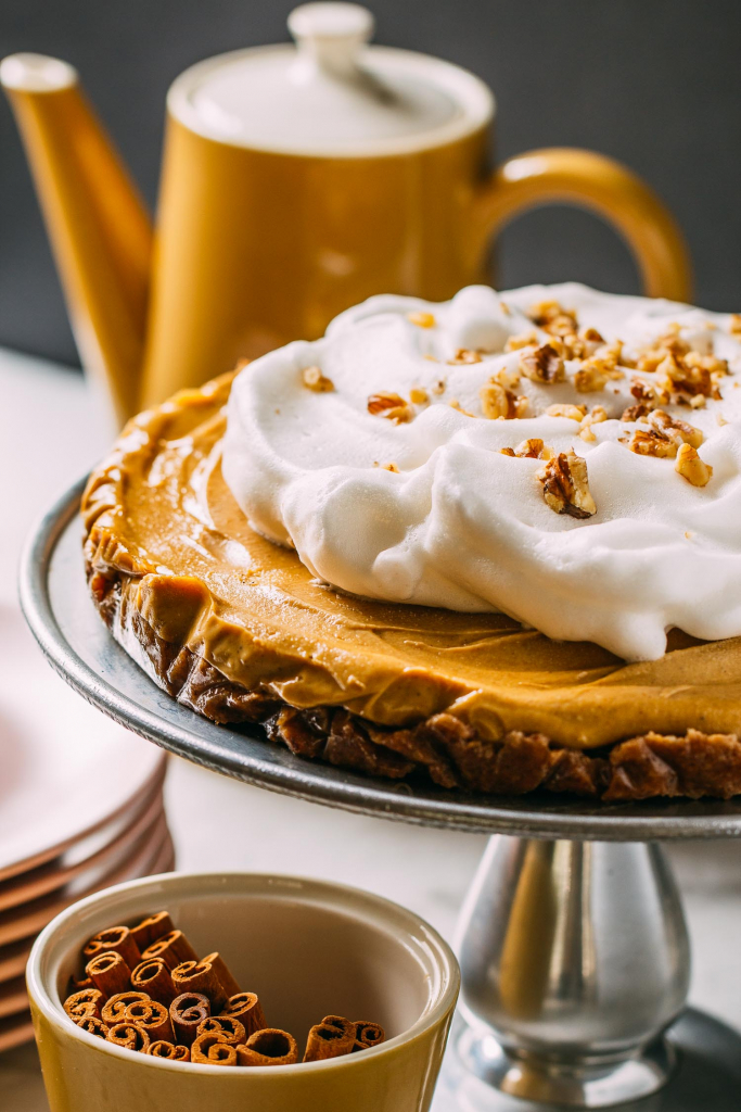 NoBake Pumpkin Cheesecake with Aquafaba Whipped Cream Recipe VEEG