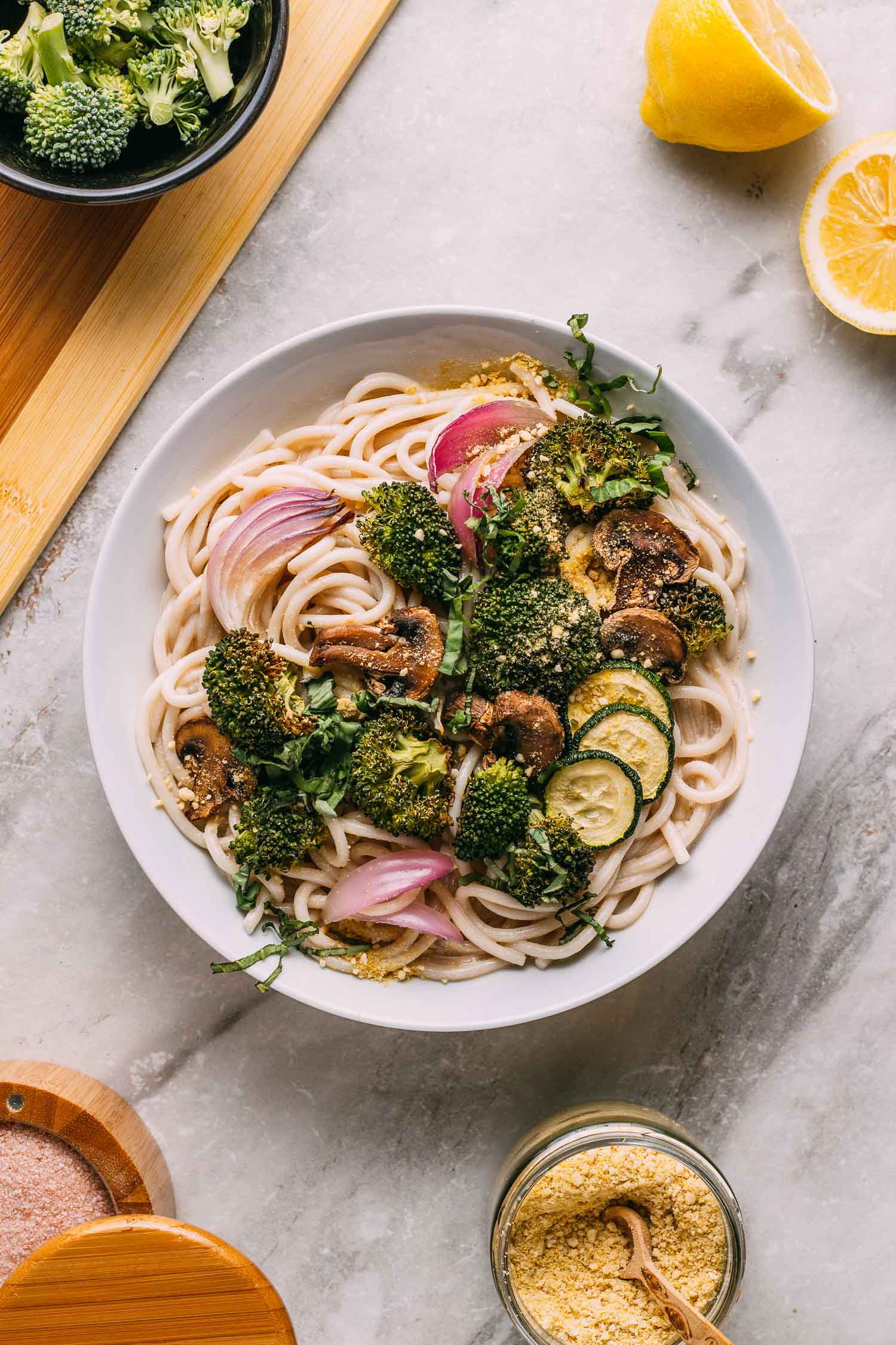 5Minute Lemon Basil Alfredo Sauce, Pasta & Roasted Vegetables Recipe